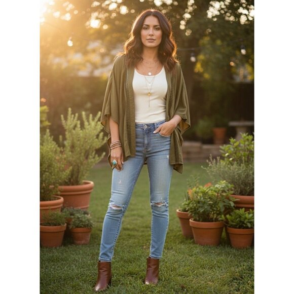 Free People Boho Kimono Jacket | Olive Green Flowy Duster Open Front Cottagecore - Picture 12 of 15